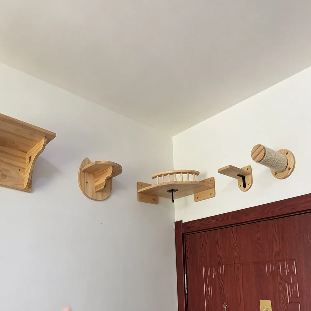Wall Mounted Cat Shelves Solid Wood Cat Climbing Perch Floating Steps Cat Wall Furniture DIY Cat Tree Platform for Indoor Kitten