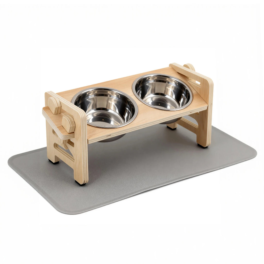 Elevated Puppy Bowls Food Mat Raised Dishes Food and Water Feeder 15° Tilted Stand 2 Stainless Steel Bowls for Small Dogs Cats