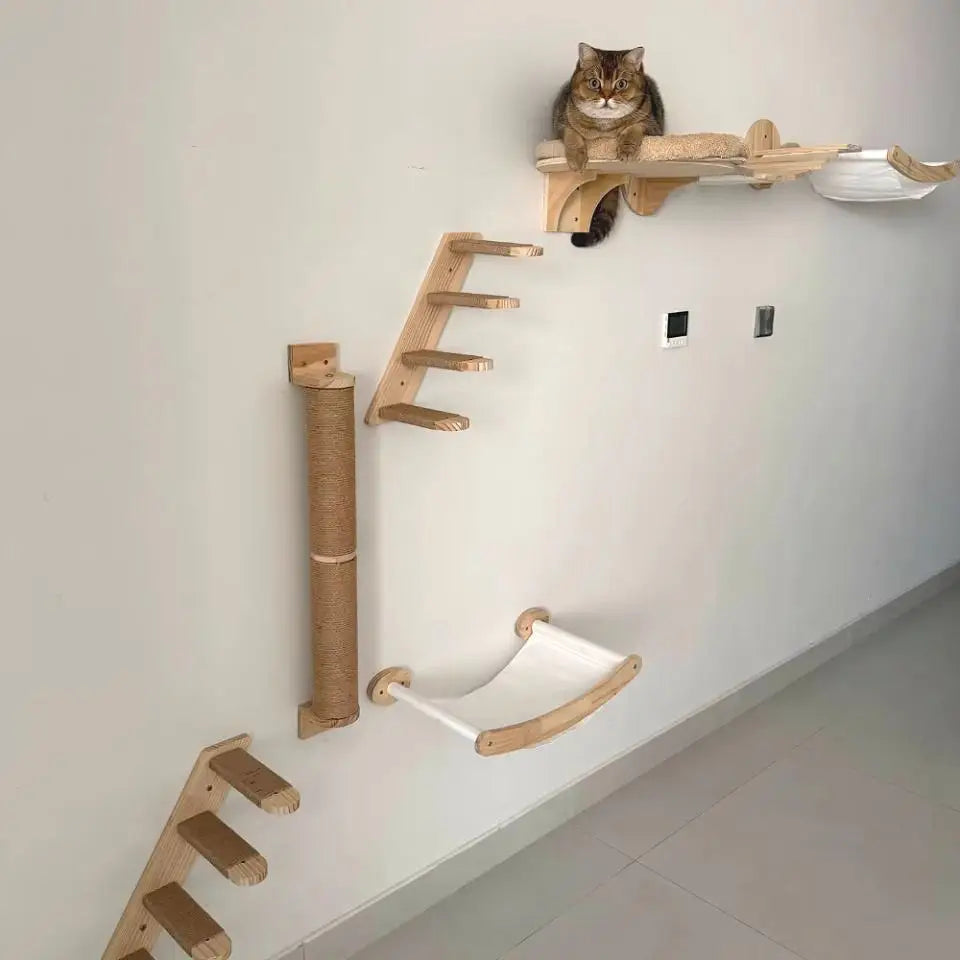 Wooden Cat Tree Tower Cat Wall Furniture Climbing Shelves Perches Sisal Scratcher Hammock Steps and Ladder Indoor Cats Walk Gym