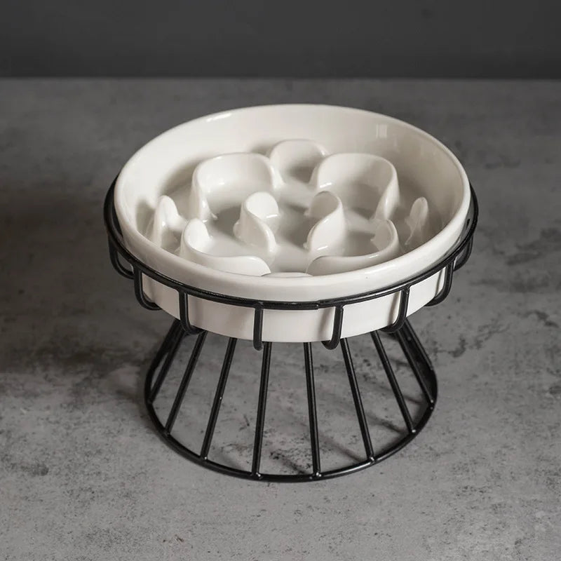 Elevated Ceramic Slow Feeder Bowl for Dogs Cats, Anti-Choking Maze Bowl with Iron Stand, Non-Slip Pet Food Bowl