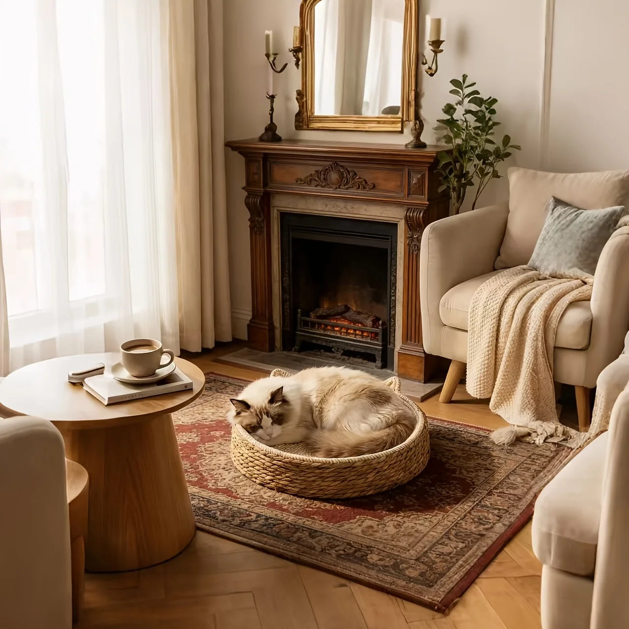 Suitable for Small to Medium Cats, 2-In-1 Round Cat Scratching Post And Bed- Woven Rope Scratching Post, Ideal for Indoor Cats