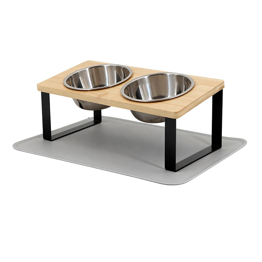Elevated Cat Bowls with Food Mat 15° Tilted Stand Raised Cat Dishes for Food and Water Feeder 2 Stainless Steel Bowls for Cats