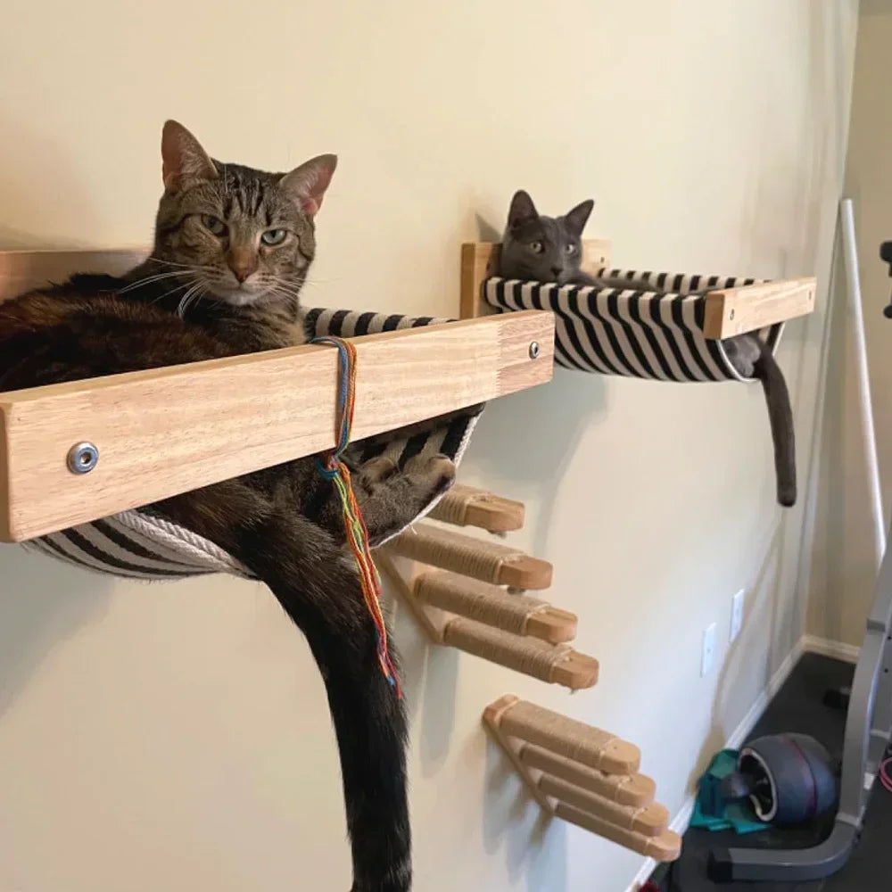 Wooden Cat Tree Tower Cat Wall Furniture Climbing Shelves Perches Sisal Scratcher Hammock Steps and Ladder Indoor Cats Walk Gym