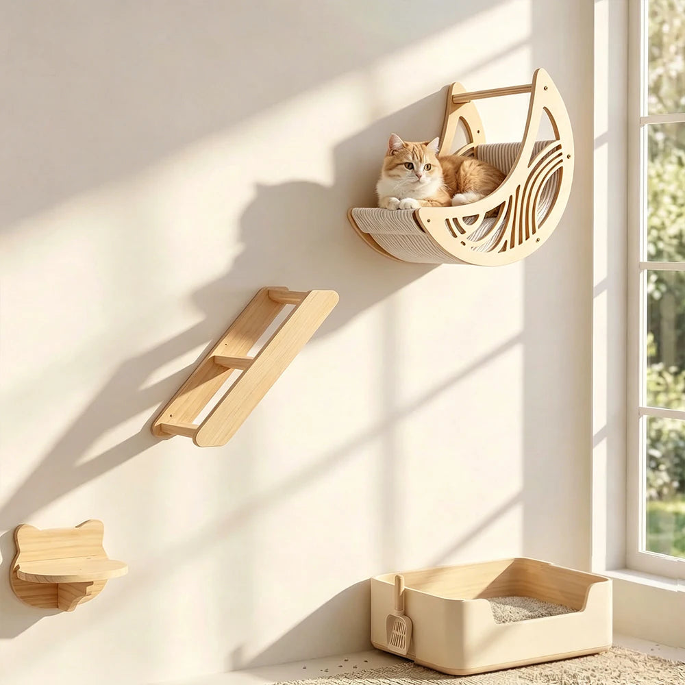 Wall Mounted Cat Shelves Solid Wood Cat Climbing Perch Floating Steps Cat Wall Furniture DIY Cat Tree Platform for Indoor Kitten