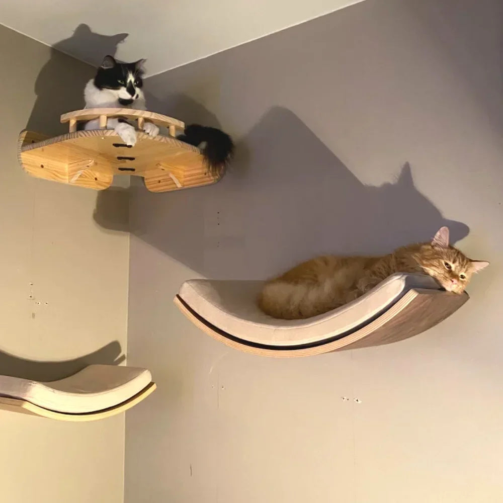 Wooden Cat Tree Tower Cat Wall Furniture Climbing Shelves Perches Sisal Scratcher Hammock Steps and Ladder Indoor Cats Walk Gym