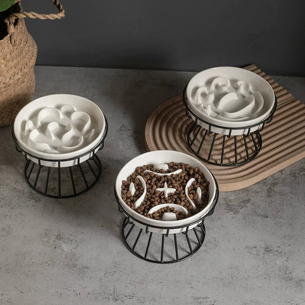 Elevated Ceramic Slow Feeder Bowl for Dogs Cats, Anti-Choking Maze Bowl with Iron Stand, Non-Slip Pet Food Bowl