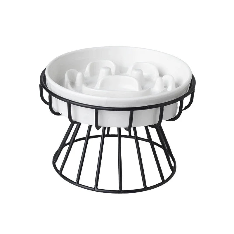 Elevated Ceramic Slow Feeder Bowl for Dogs Cats, Anti-Choking Maze Bowl with Iron Stand, Non-Slip Pet Food Bowl