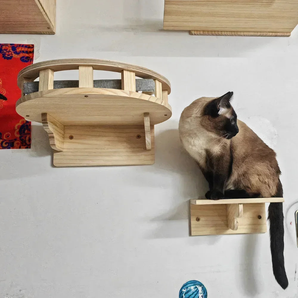 Wooden Cat Tree Tower Cat Wall Furniture Climbing Shelves Perches Sisal Scratcher Hammock Steps and Ladder Indoor Cats Walk Gym