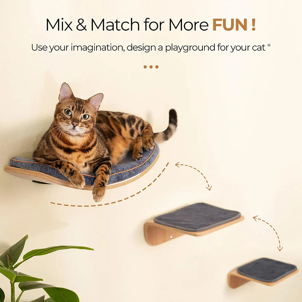 Cat Wall Shelves Curved Hammock Bed Steps with Cushions Cat Furniture for Sleeping Playing Climbing Contoured Cat Rack Supplies