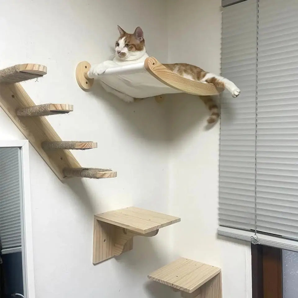 Wooden Cat Tree Tower Cat Wall Furniture Climbing Shelves Perches Sisal Scratcher Hammock Steps and Ladder Indoor Cats Walk Gym