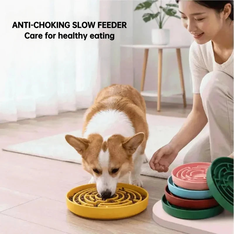 Dog Slow Feeder Bowl Silicone Anti Slip Suction Cup Base Easy Clean Pet Feeding Dish Interactive Eating Control for Puppy