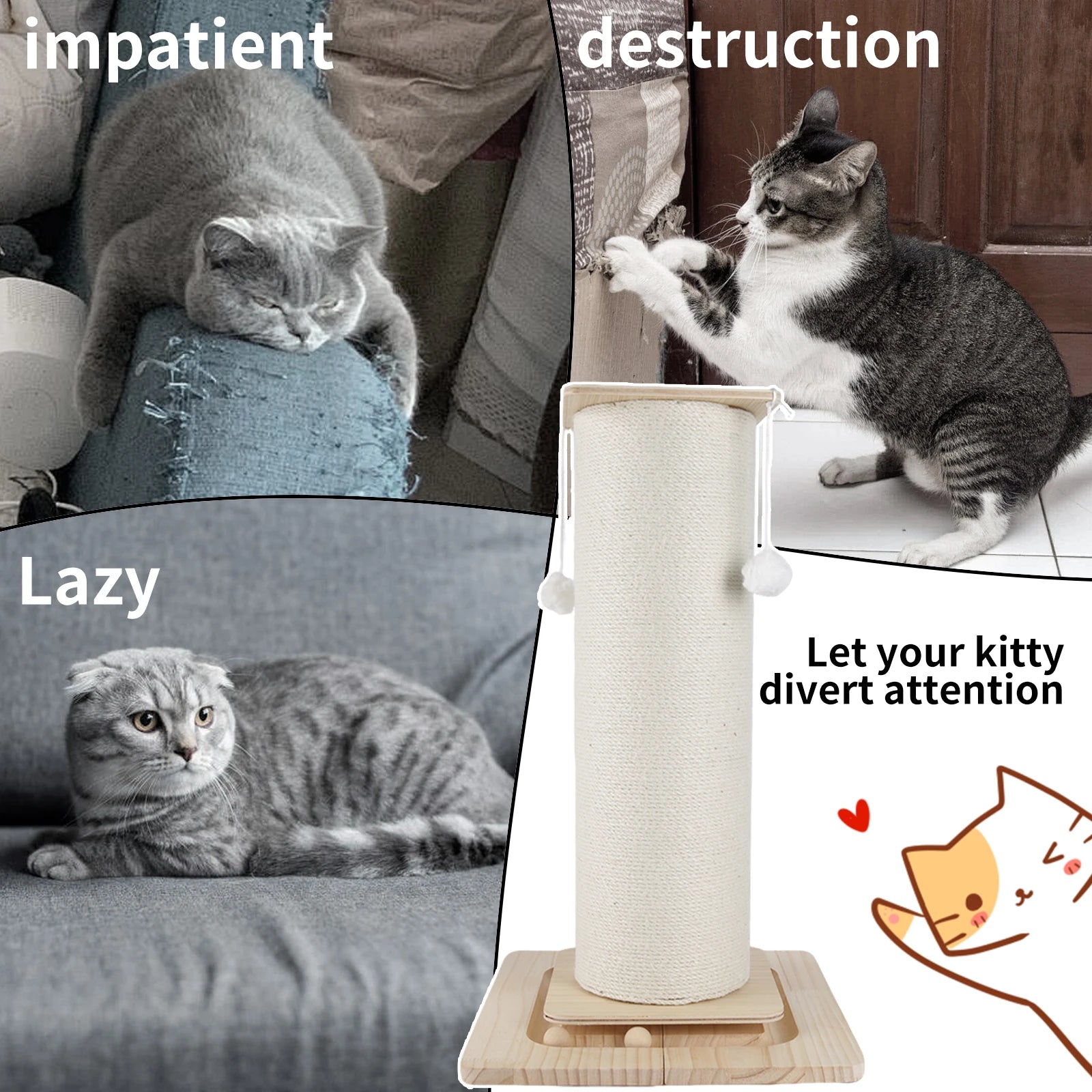 1 Section Vertical Sisal Material Safe Cat Climbing Frame Tree Modern Stable Design Cat Scratching Post for Cats 60cm/80cm