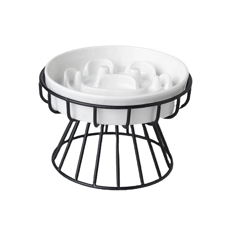 Elevated Ceramic Slow Feeder Bowl for Dogs Cats, Anti-Choking Maze Bowl with Iron Stand, Non-Slip Pet Food Bowl