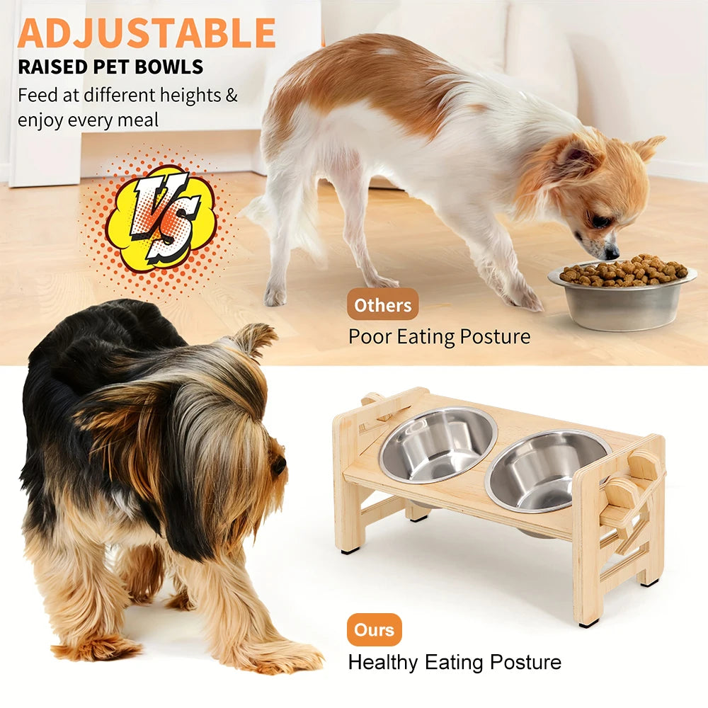 Elevated Puppy Bowls Food Mat Raised Dishes Food and Water Feeder 15° Tilted Stand 2 Stainless Steel Bowls for Small Dogs Cats