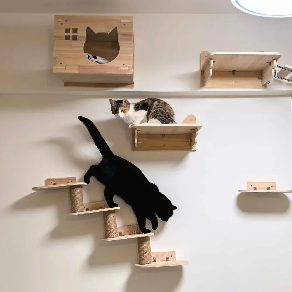 Wooden Cat Tree Tower Cat Wall Furniture Climbing Shelves Perches Sisal Scratcher Hammock Steps and Ladder Indoor Cats Walk Gym