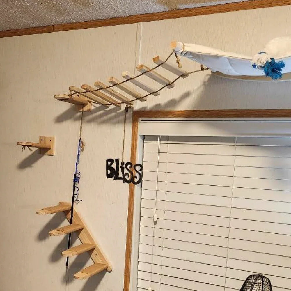 Wooden Cat Tree Tower Cat Wall Furniture Climbing Shelves Perches Sisal Scratcher Hammock Steps and Ladder Indoor Cats Walk Gym
