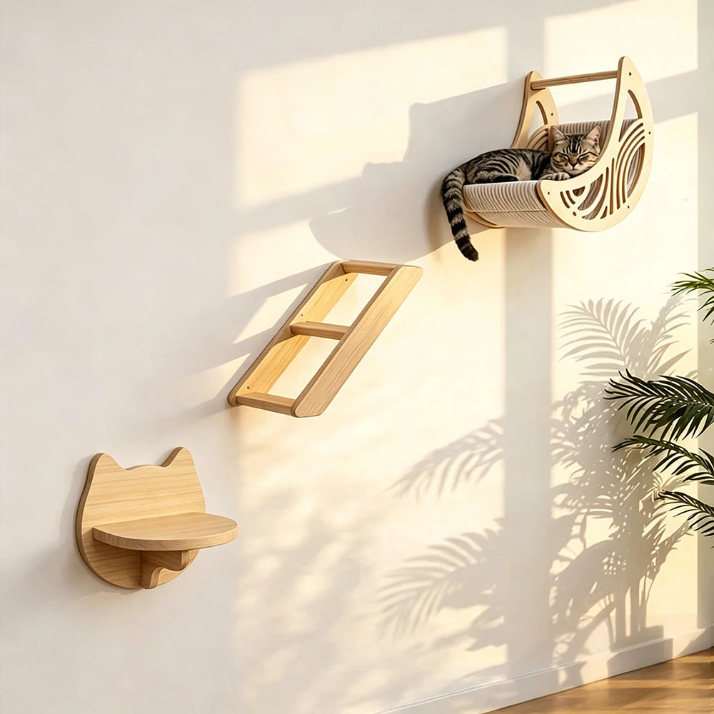 Wall Mounted Cat Shelves Solid Wood Cat Climbing Perch Floating Steps Cat Wall Furniture DIY Cat Tree Platform for Indoor Kitten