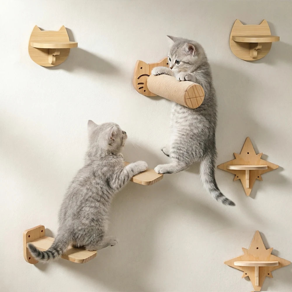 Wall Mounted Cat Shelves Solid Wood Cat Climbing Perch Floating Steps Cat Wall Furniture DIY Cat Tree Platform for Indoor Kitten