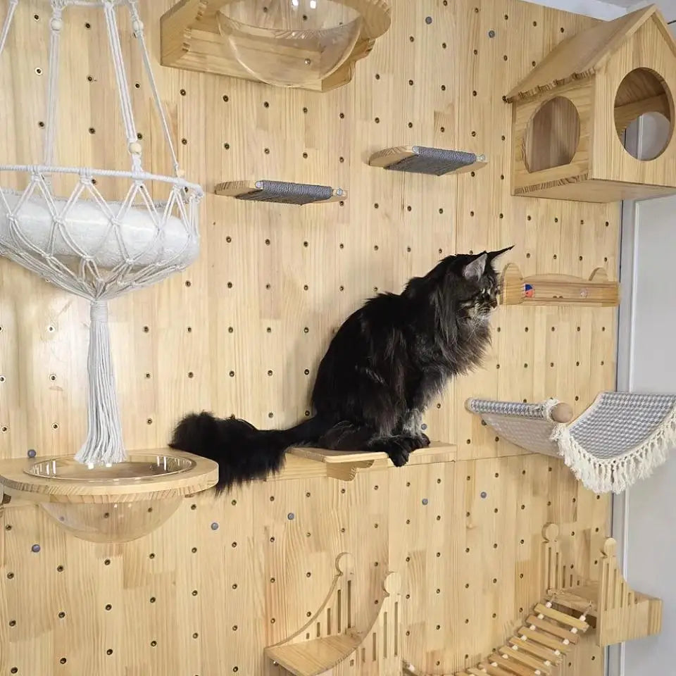 Wooden Cat Tree Tower Cat Wall Furniture Climbing Shelves Perches Sisal Scratcher Hammock Steps and Ladder Indoor Cats Walk Gym