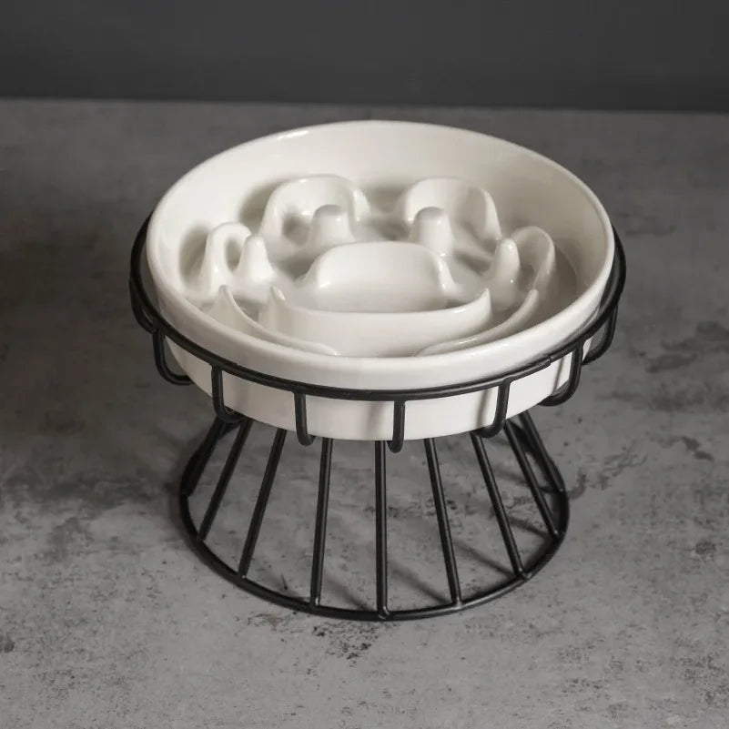Elevated Ceramic Slow Feeder Bowl for Dogs Cats, Anti-Choking Maze Bowl with Iron Stand, Non-Slip Pet Food Bowl