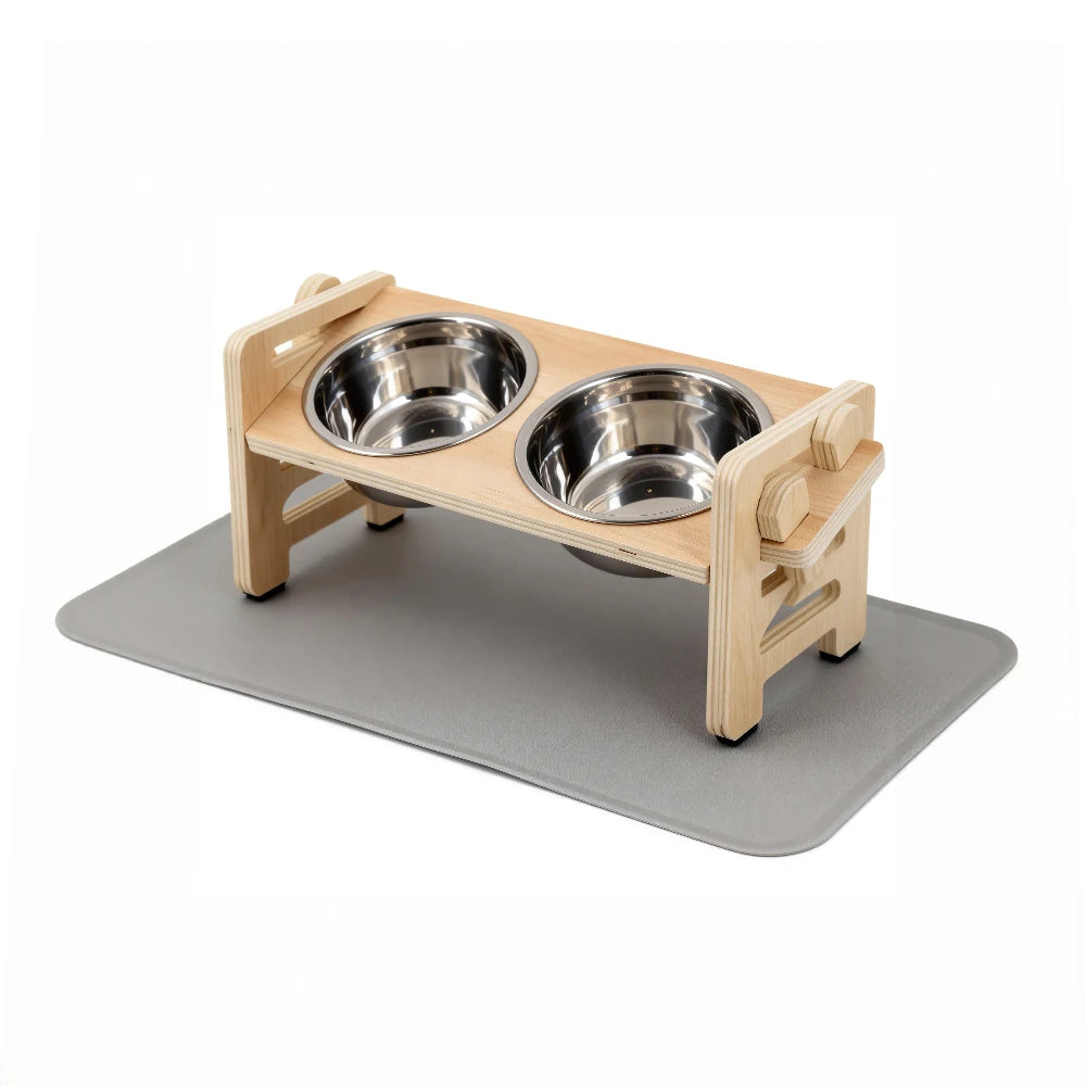 Elevated Puppy Bowls Food Mat Raised Dishes Food and Water Feeder 15° Tilted Stand 2 Stainless Steel Bowls for Small Dogs Cats