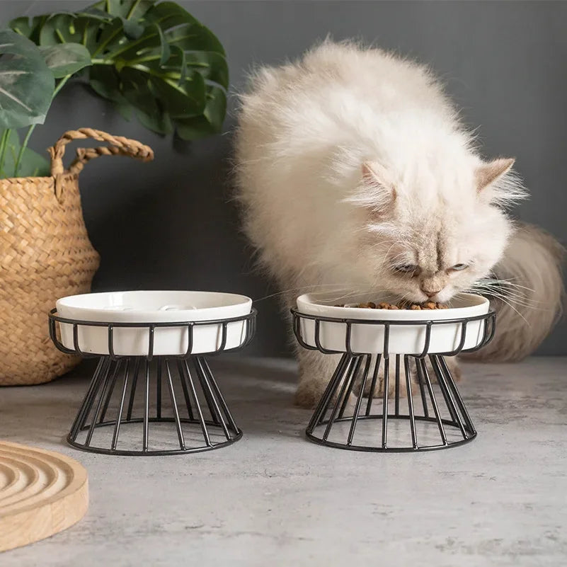 Elevated Ceramic Slow Feeder Bowl for Dogs Cats, Anti-Choking Maze Bowl with Iron Stand, Non-Slip Pet Food Bowl
