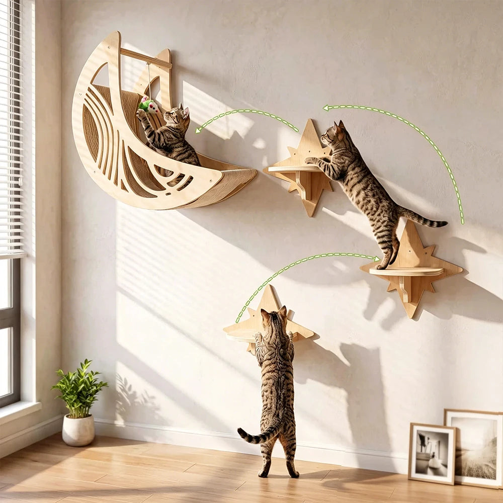 Wall Mounted Cat Shelves Solid Wood Cat Climbing Perch Floating Steps Cat Wall Furniture DIY Cat Tree Platform for Indoor Kitten