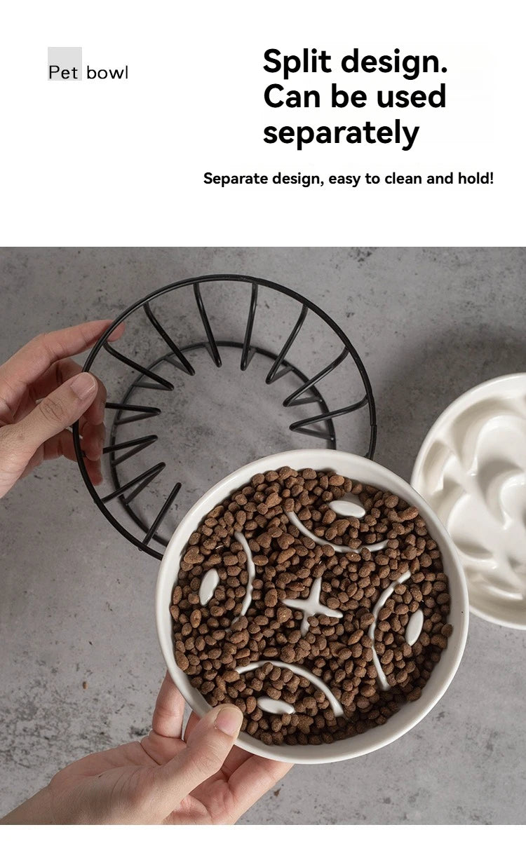 Elevated Ceramic Slow Feeder Bowl for Dogs Cats, Anti-Choking Maze Bowl with Iron Stand, Non-Slip Pet Food Bowl