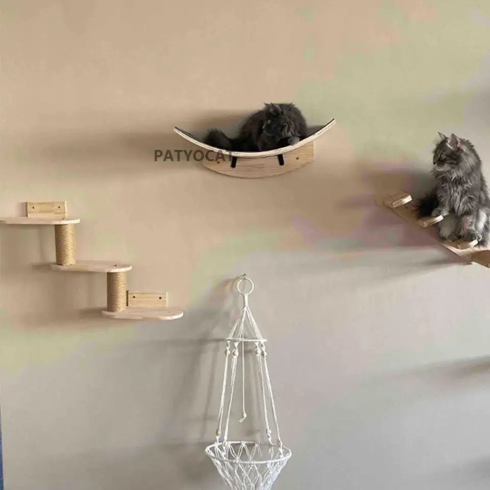 Wooden Cat Tree Tower Cat Wall Furniture Climbing Shelves Perches Sisal Scratcher Hammock Steps and Ladder Indoor Cats Walk Gym