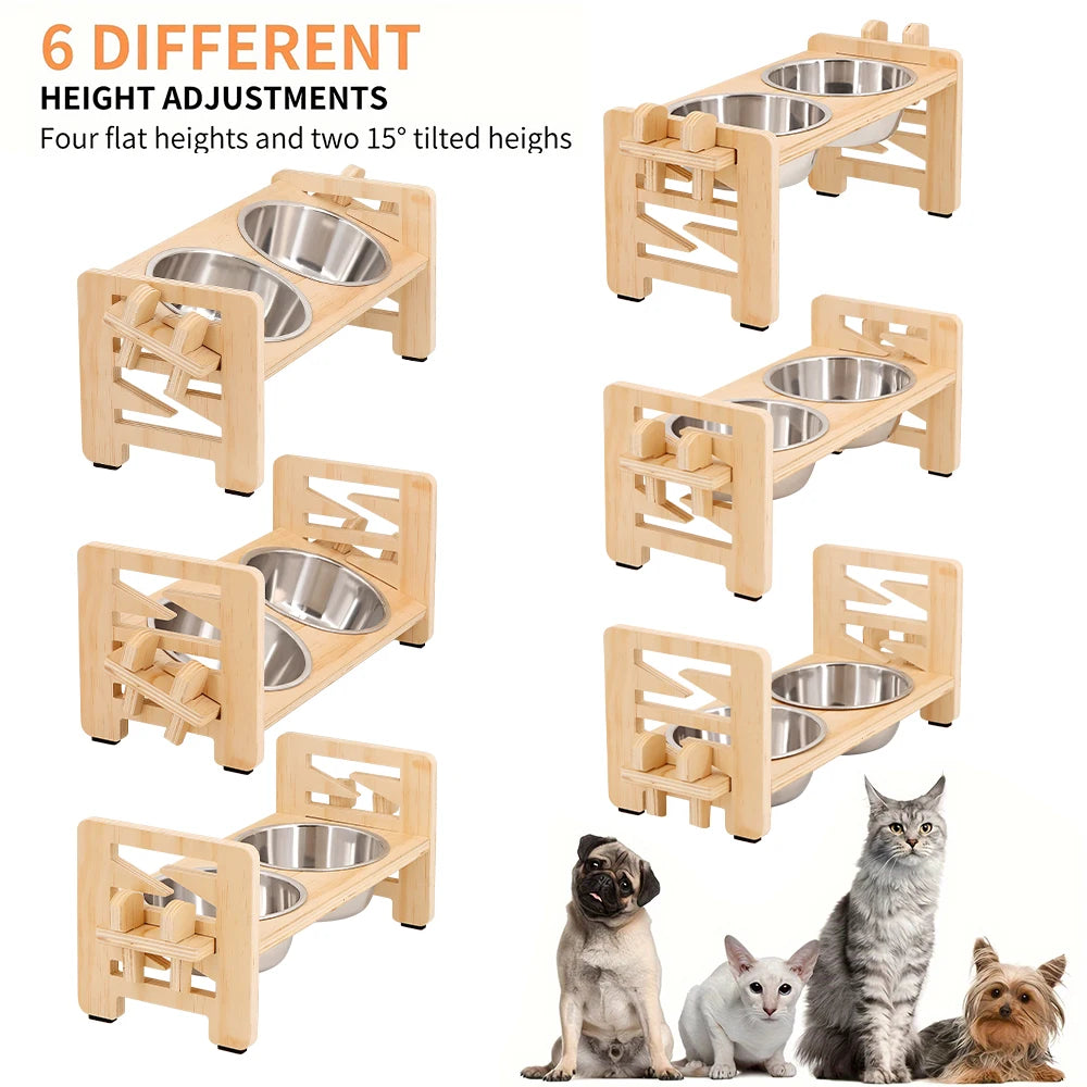 Elevated Puppy Bowls Food Mat Raised Dishes Food and Water Feeder 15° Tilted Stand 2 Stainless Steel Bowls for Small Dogs Cats