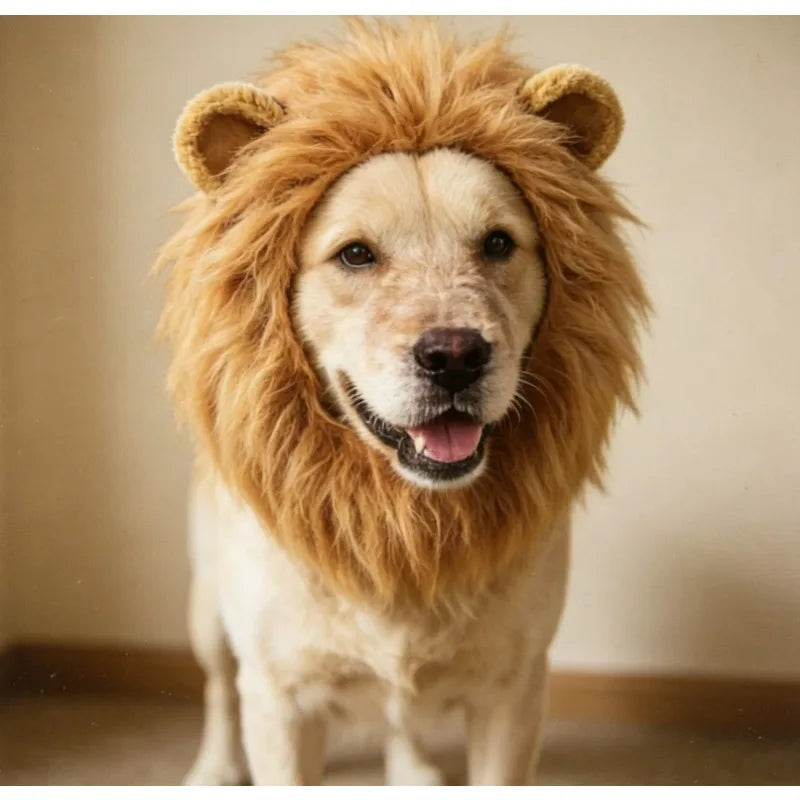 Dog Lion Mane Costume with Ears Funny Plush Headpiece for Pet Halloween Party and Daily Dress Up