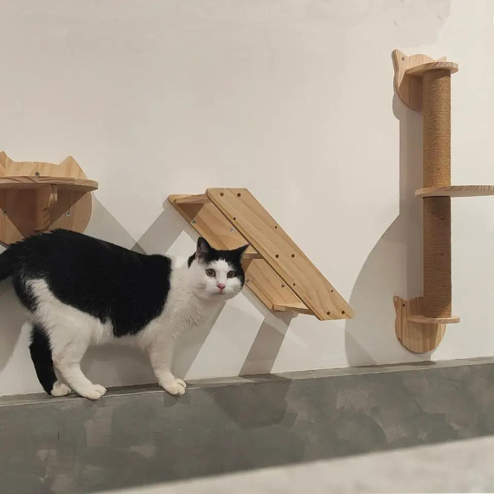 Wooden Cat Tree Tower Cat Wall Furniture Climbing Shelves Perches Sisal Scratcher Hammock Steps and Ladder Indoor Cats Walk Gym