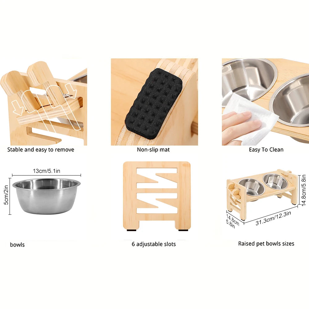 Elevated Puppy Bowls Food Mat Raised Dishes Food and Water Feeder 15° Tilted Stand 2 Stainless Steel Bowls for Small Dogs Cats