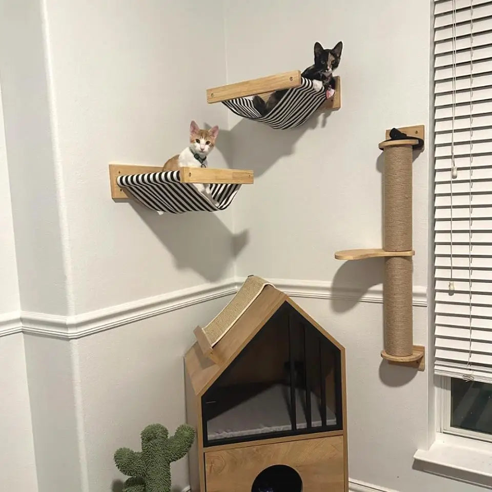 Wooden Cat Tree Tower Cat Wall Furniture Climbing Shelves Perches Sisal Scratcher Hammock Steps and Ladder Indoor Cats Walk Gym