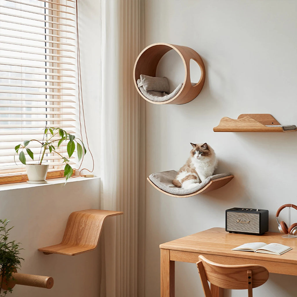 Cat Wall Shelves Curved Hammock Bed Steps with Cushions Cat Furniture for Sleeping Playing Climbing Contoured Cat Rack Supplies