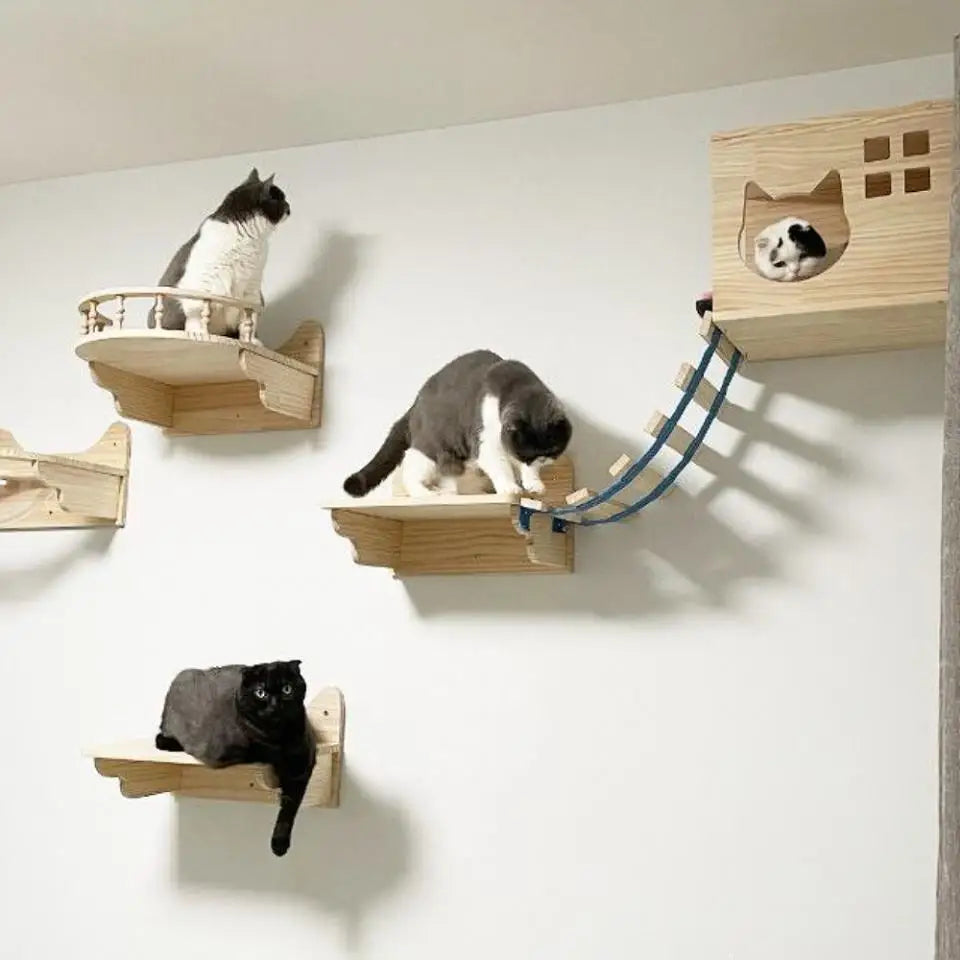 Wooden Cat Tree Tower Cat Wall Furniture Climbing Shelves Perches Sisal Scratcher Hammock Steps and Ladder Indoor Cats Walk Gym